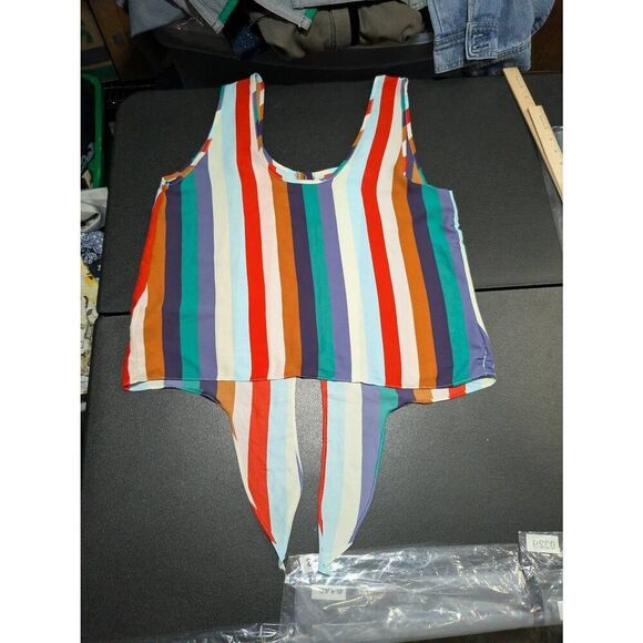 Karlie Multi-Striped Sleeveless Tie Waist Tank Top Women's Size Large - Picture 2 of 5